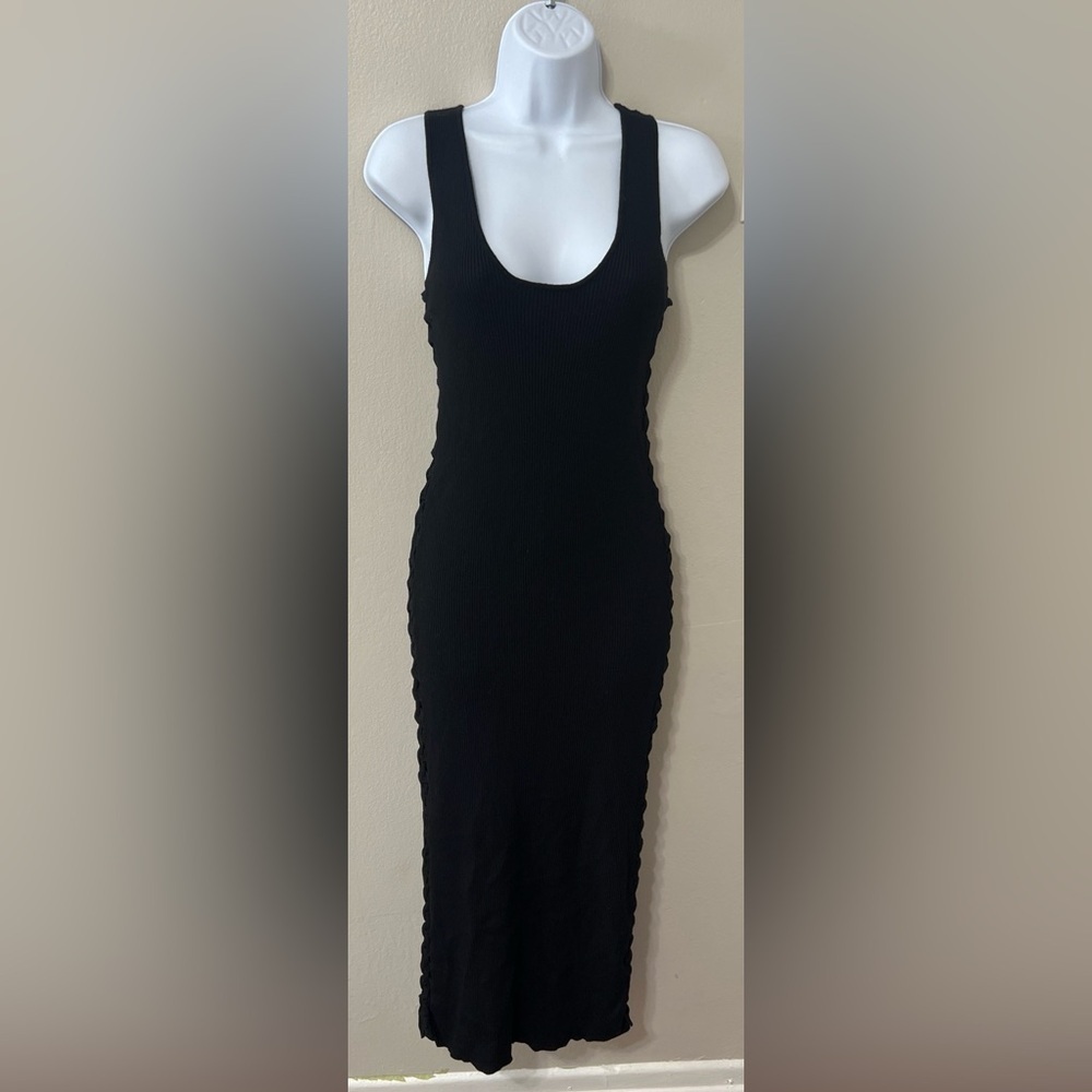 Zara Knitwear Collection Black Ribbed Midi Dress w/ Braided Side Detail NWT